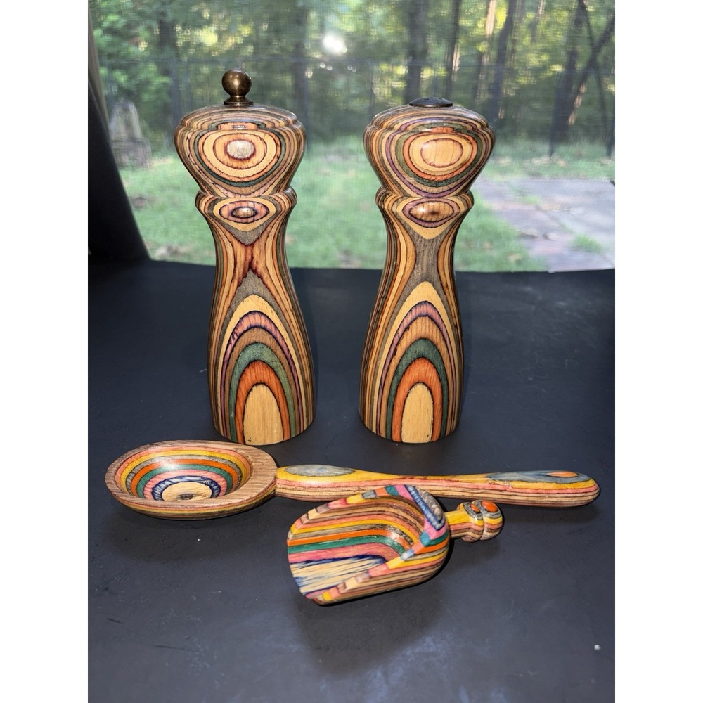 Vintage Mr. Dudley Laminated Rainbow Wood Salt & Pepper Mill Grinder Spoon Scoop